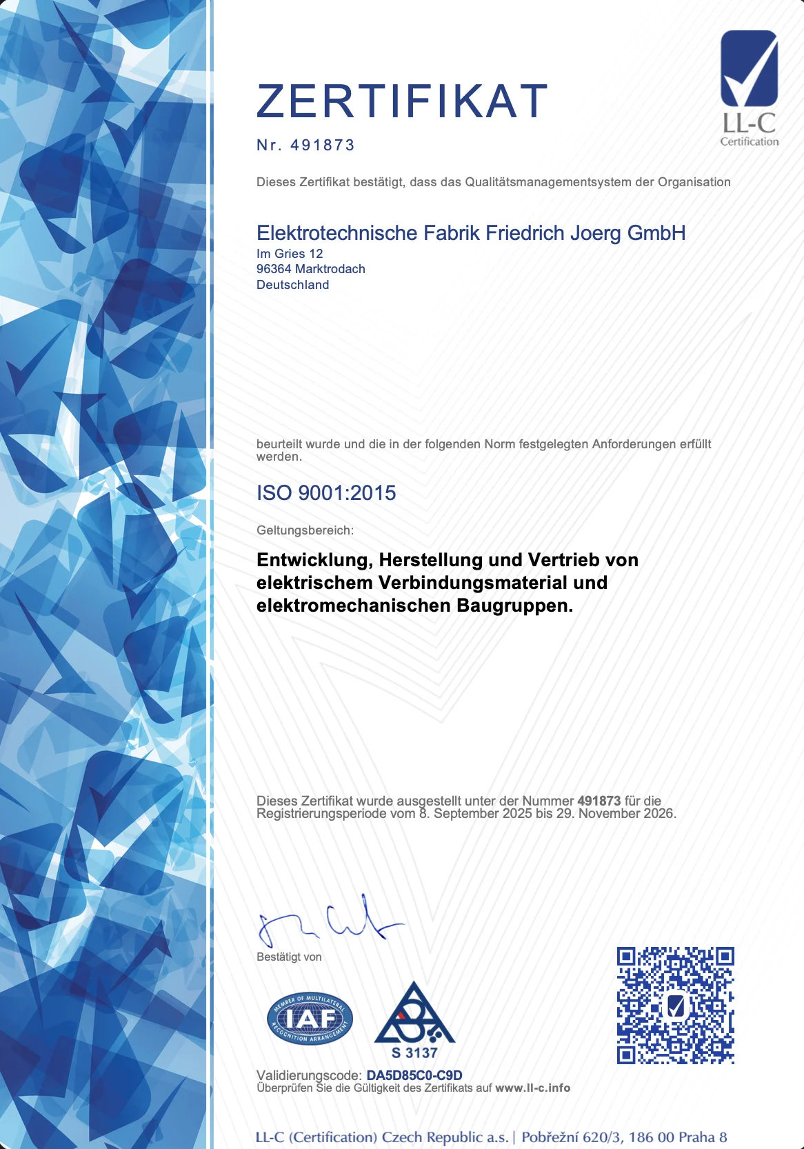ISO 9001 Zertifikat Friedrich Joerg